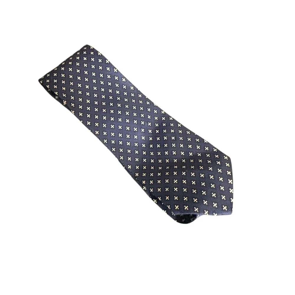 Vintage Hillo Cravat Tie Navy Blue Geometric Pattern Classic narrow Mens Necktie